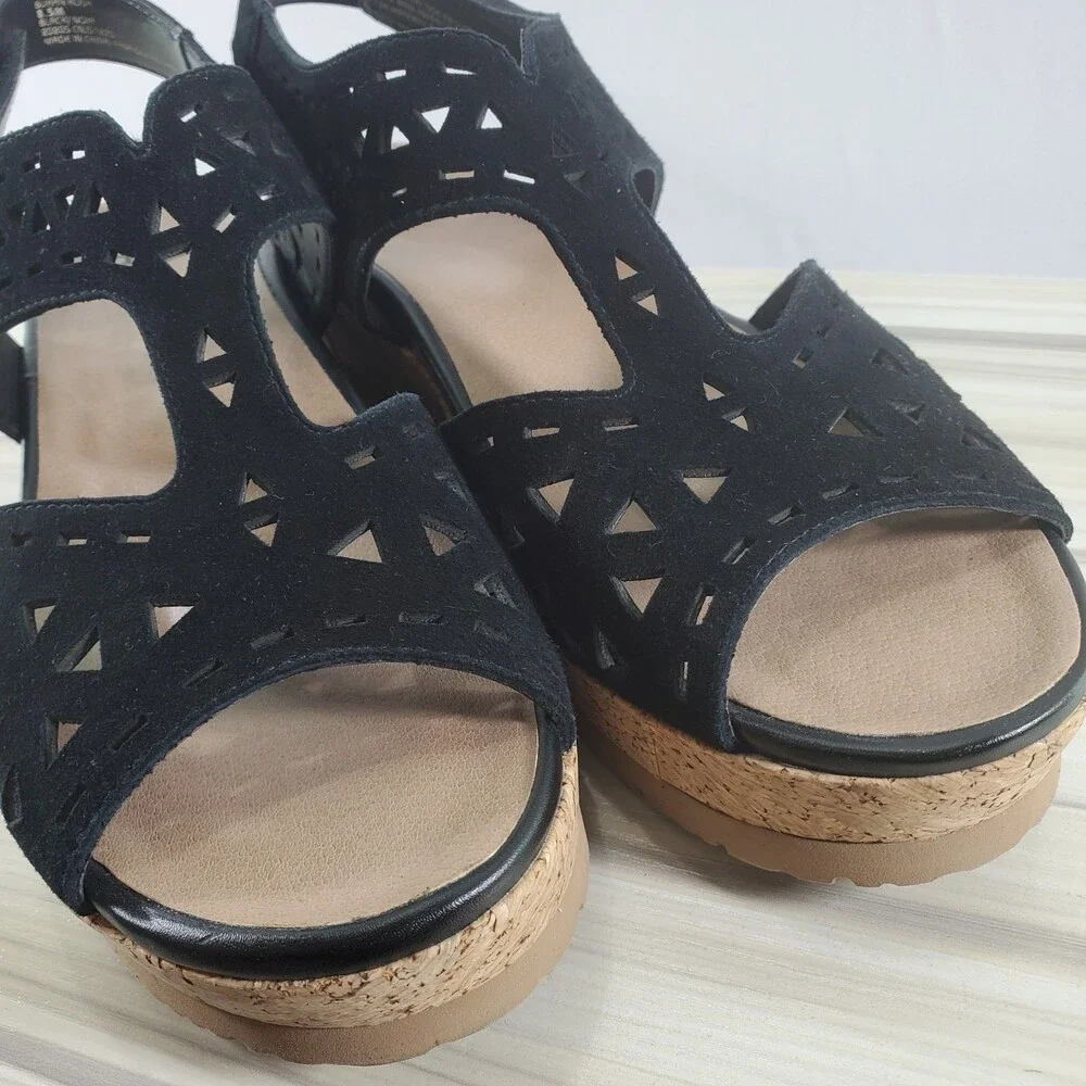 Earth Buran Rosa 8.5 Black Kid Suede Wedge Sandal T Strap Ankle Cork Cut Out